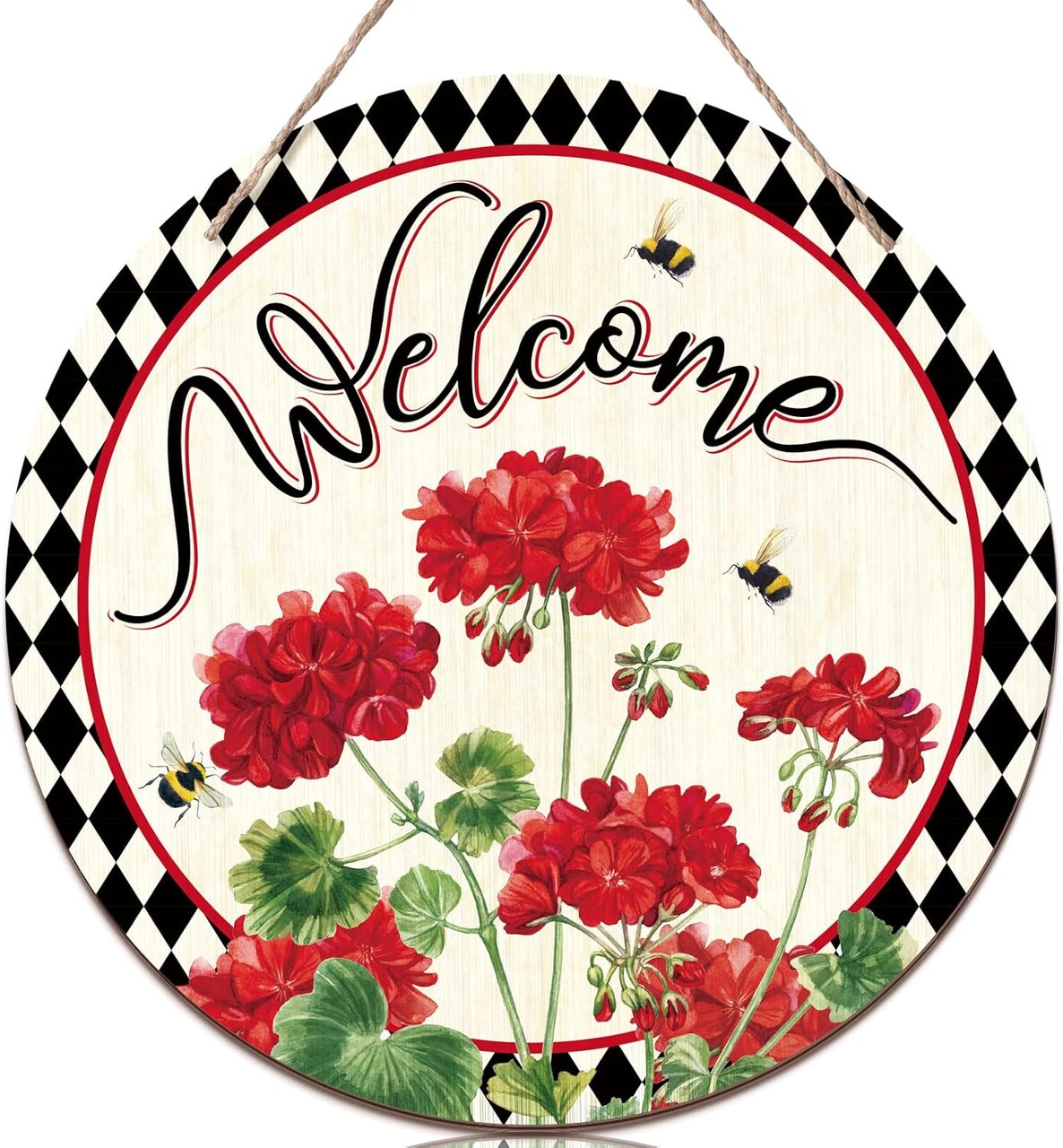 Welcome Sign Wreaths for Front Door Wooden Summer Buffalo Plaid Door Hanger for Outdoor Indoor Outside Porch Farmhouse Home Window Wall Hanging Decoration, 11.81 Inch(Geranium Flower)